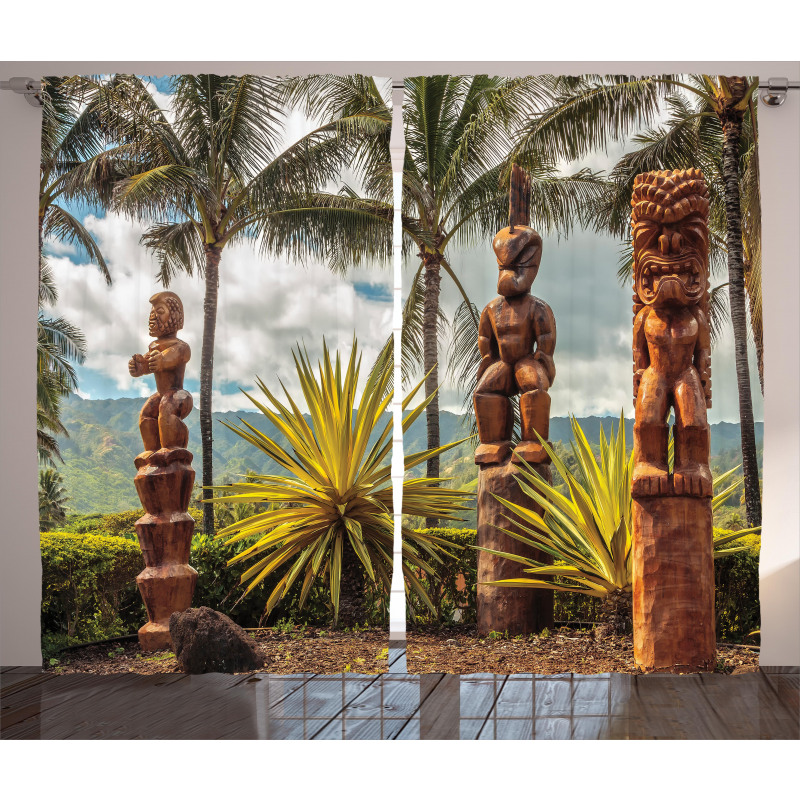 Tiki Masks and Palm Trees Curtain