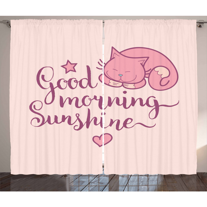 Sleeping Pink Cat and Text Curtain