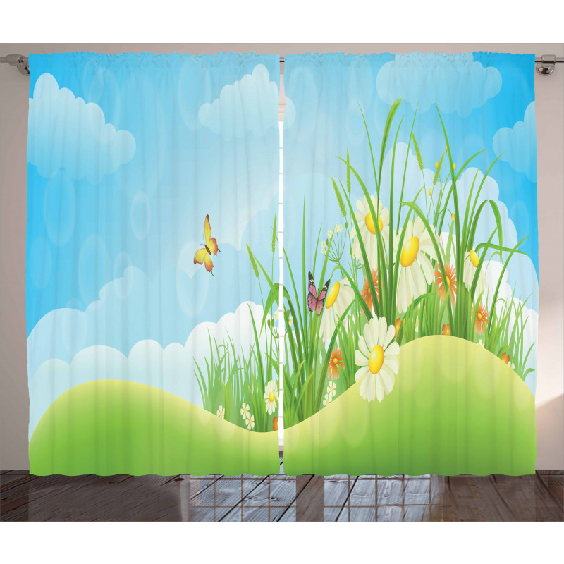 Spring Meadow Hills Cartoon Curtain