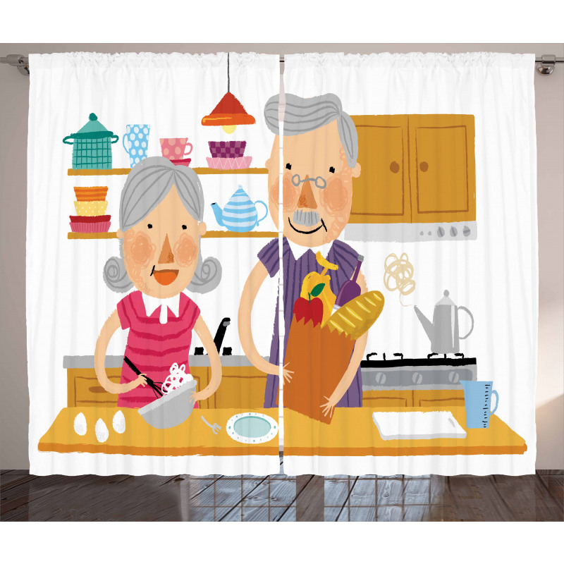 Elderly Couple in Kitchen Curtain