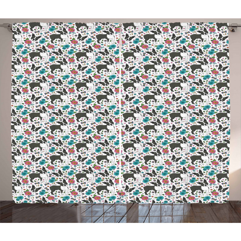 Boston Terriers and Flowers Curtain