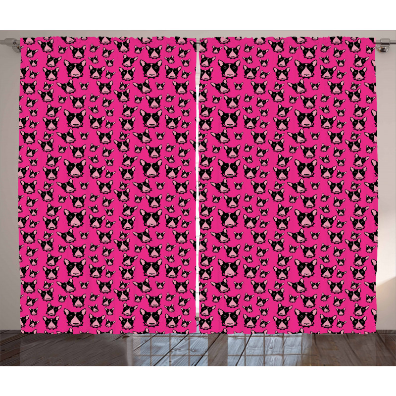 Bull Terrier Dog Heads on Pink Curtain