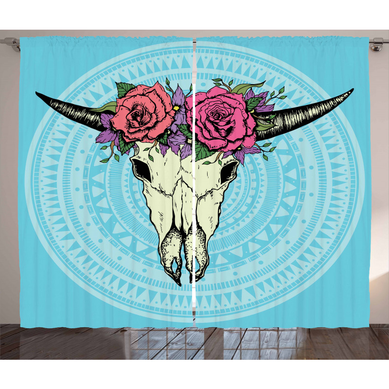 Buffalo Skull with Flowers Curtain