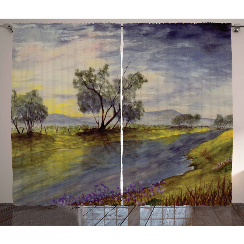 Watercolor River Scene Curtain