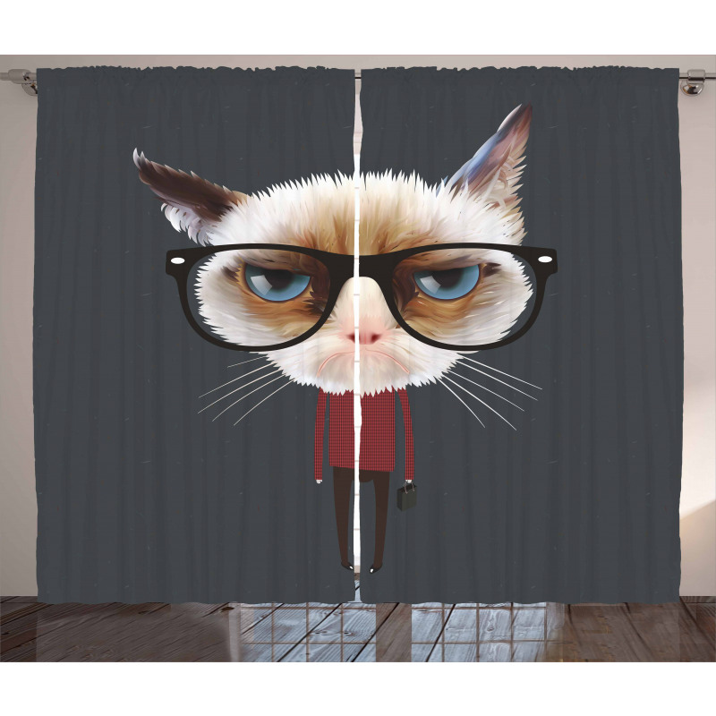 Hipster Feline with Giant Head Curtain