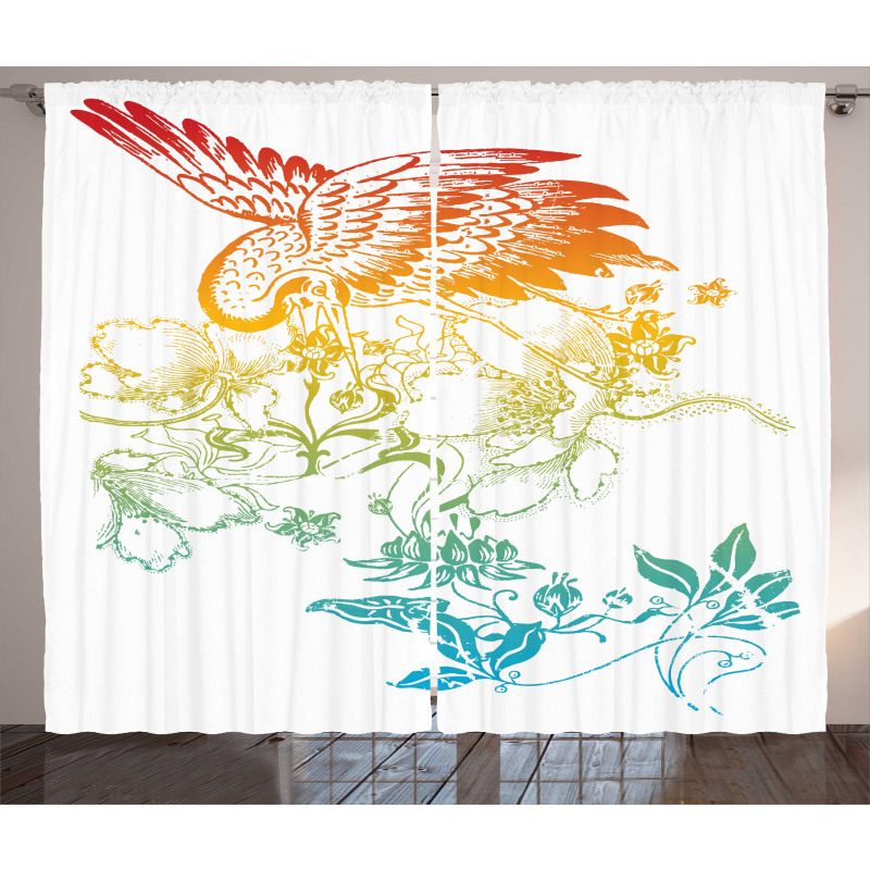 Oriental Bird with Flowers Curtain