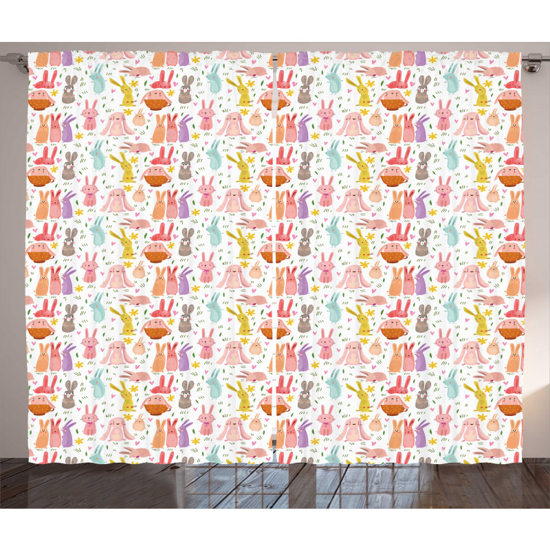 Colorful Rabbits Pink Hearts Curtain