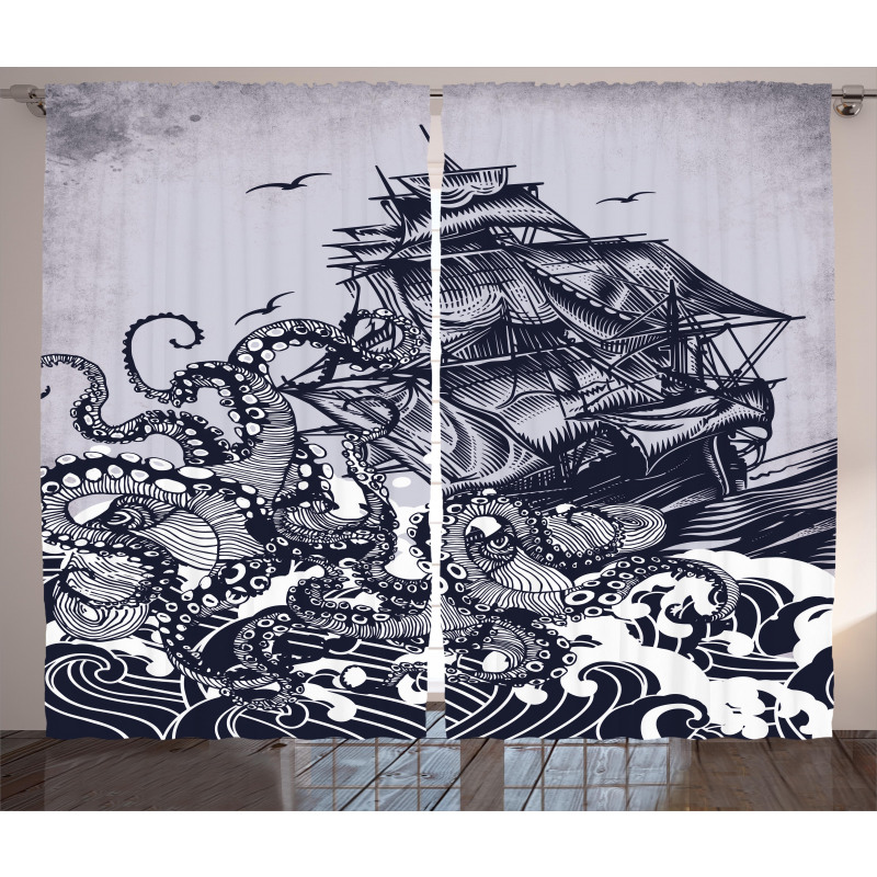 Octopus and Ship in Storm Curtain