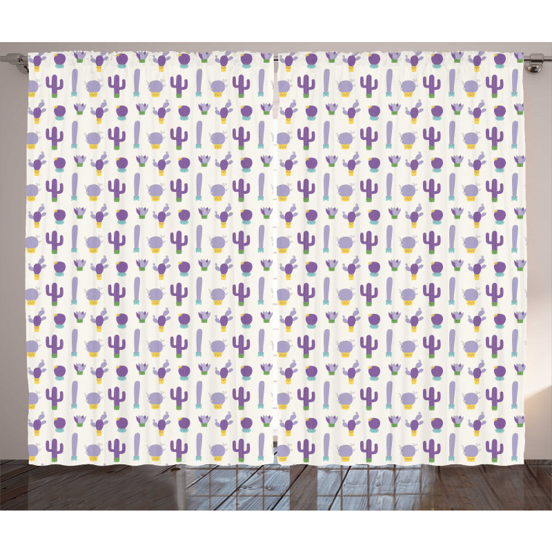 Purple Smiling Cactus Faces Curtain