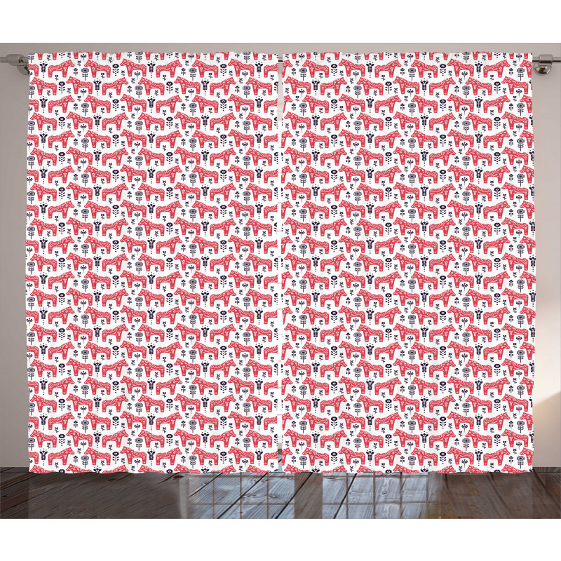 Folk Dala Horse with Flowers Curtain