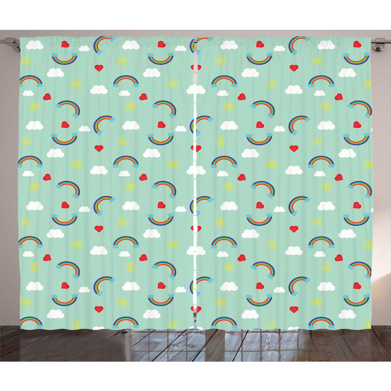 Rainbow Sky Clouds Heart Curtain