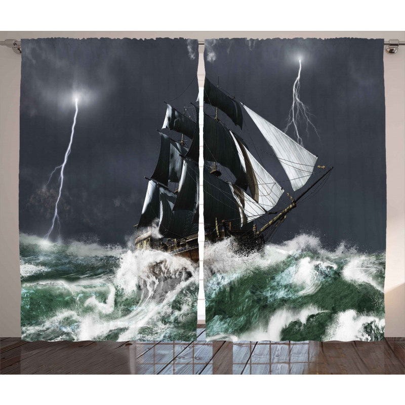 Storm Ship on Wavy Ocean Curtain