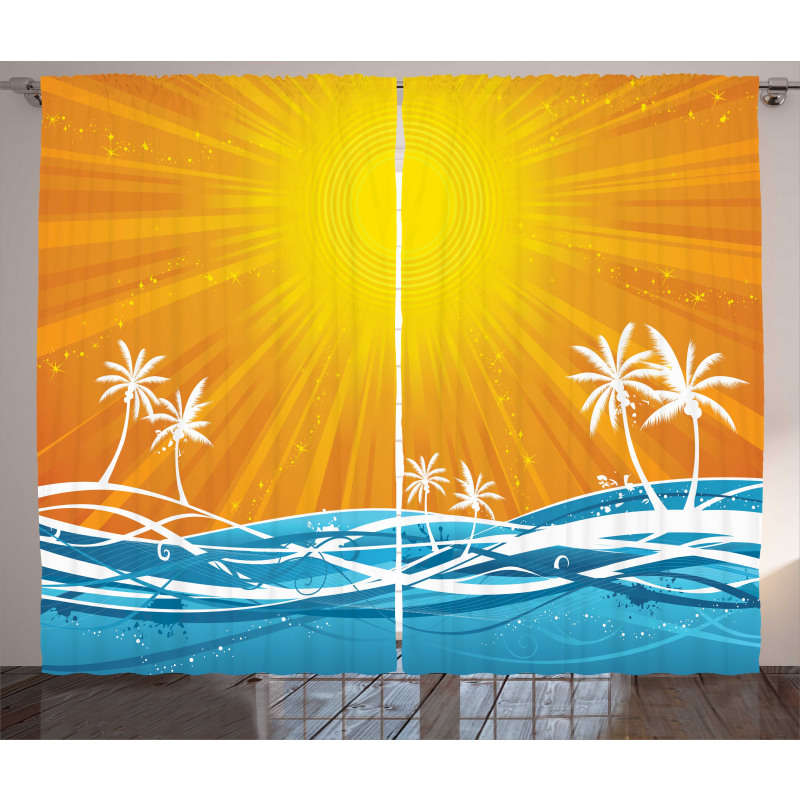 Wavy Ocean Palm Trees Lines Curtain