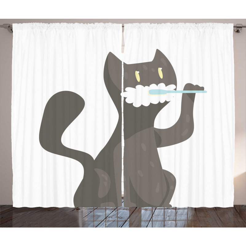Pet Feline Brushing Teeth Motif Curtain
