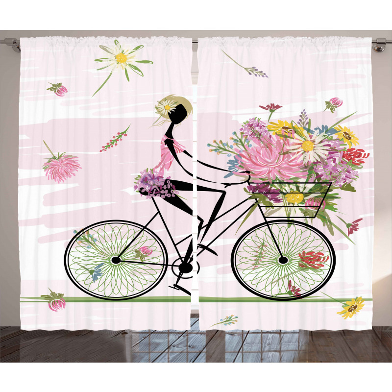 Girl Riding Bike Flowers Curtain