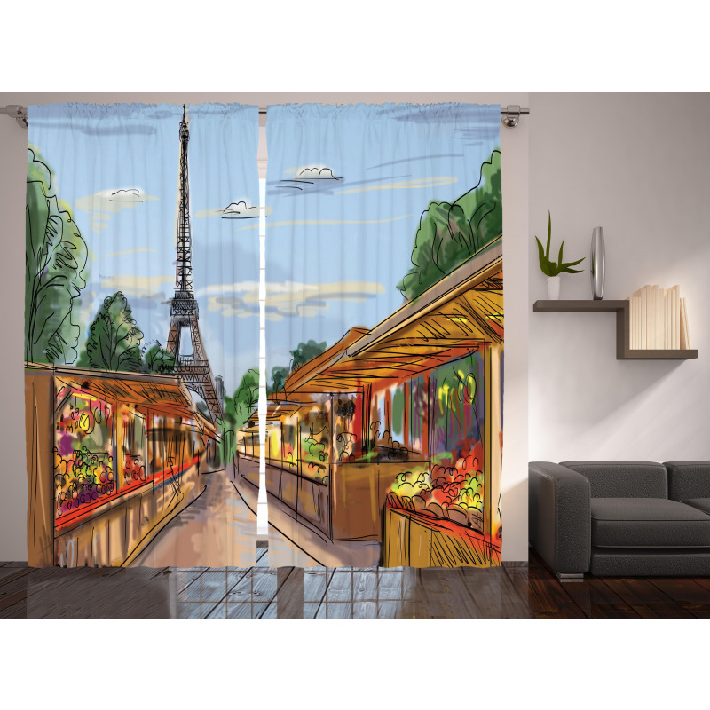 Colorful Sketch Street Eiffel Curtain