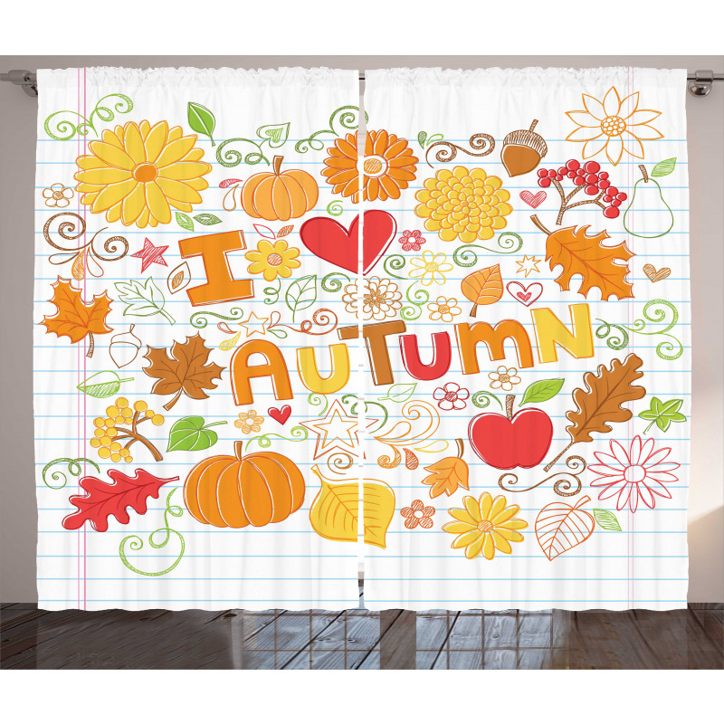 I Love Autumn Sketchy Doodle Curtain