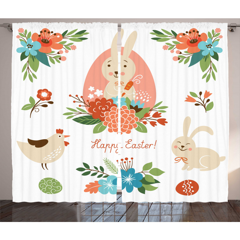 Pastel Bunny Flowers Cartoon Curtain