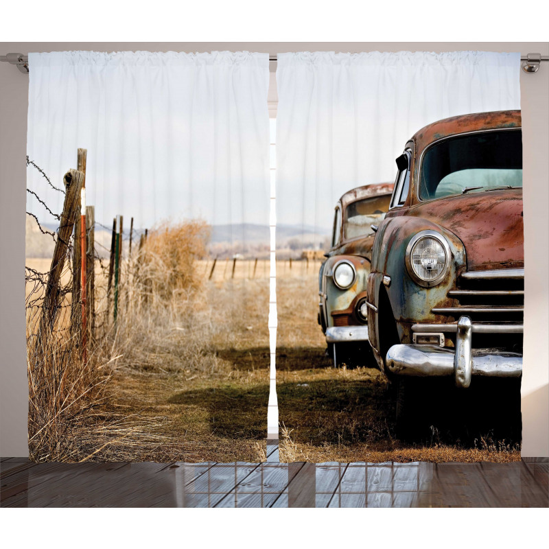 Rusty Trucks Rural View Curtain