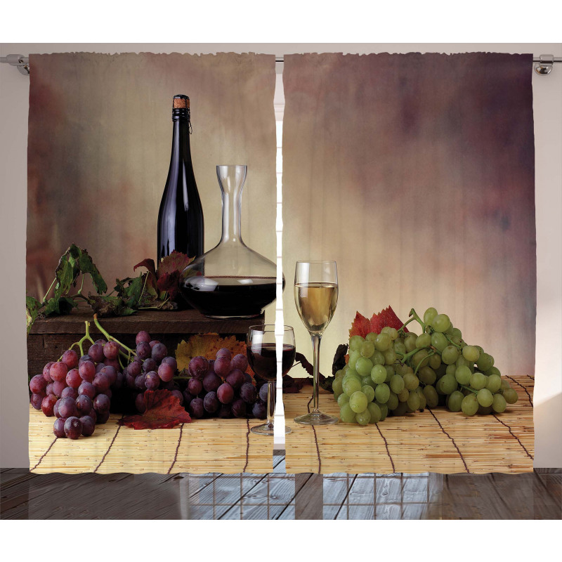 Grapes Wines Bottles Glasses Curtain