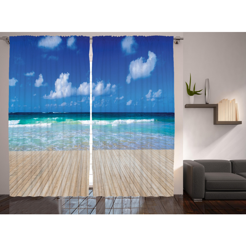 Waves on Wooden Pier Shore Curtain