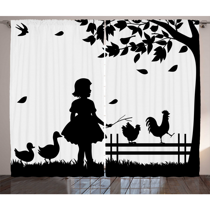 Little Girl Geese Rooster Curtain