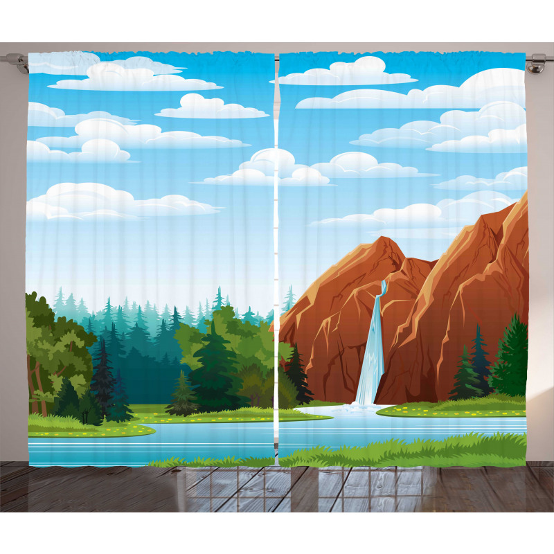 Waterfall Mountain Sky Curtain