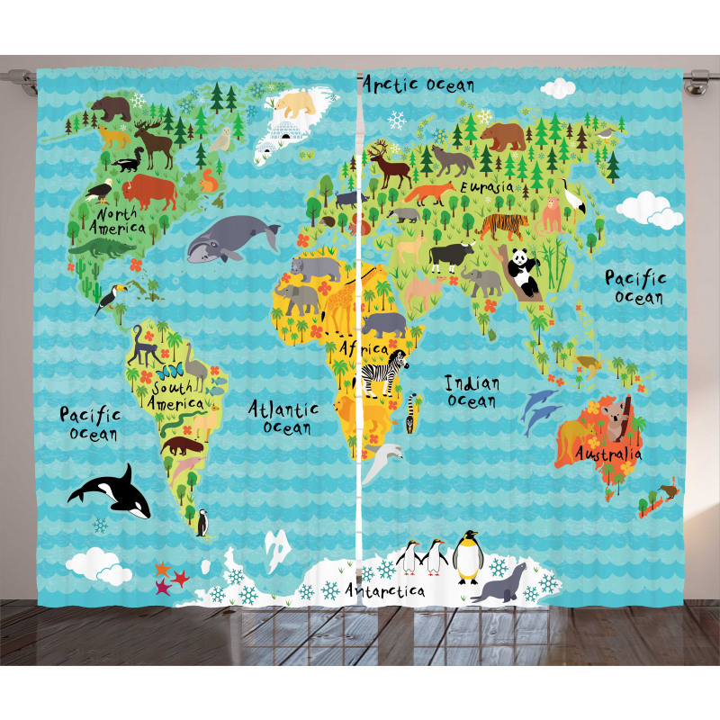 Kids World Map of Animal Curtain