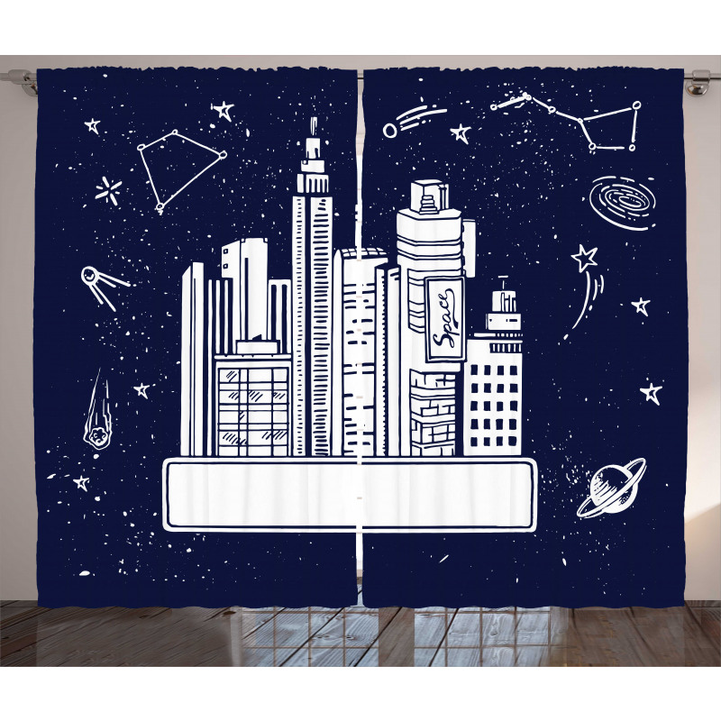 Megacity in Space Doodle Curtain