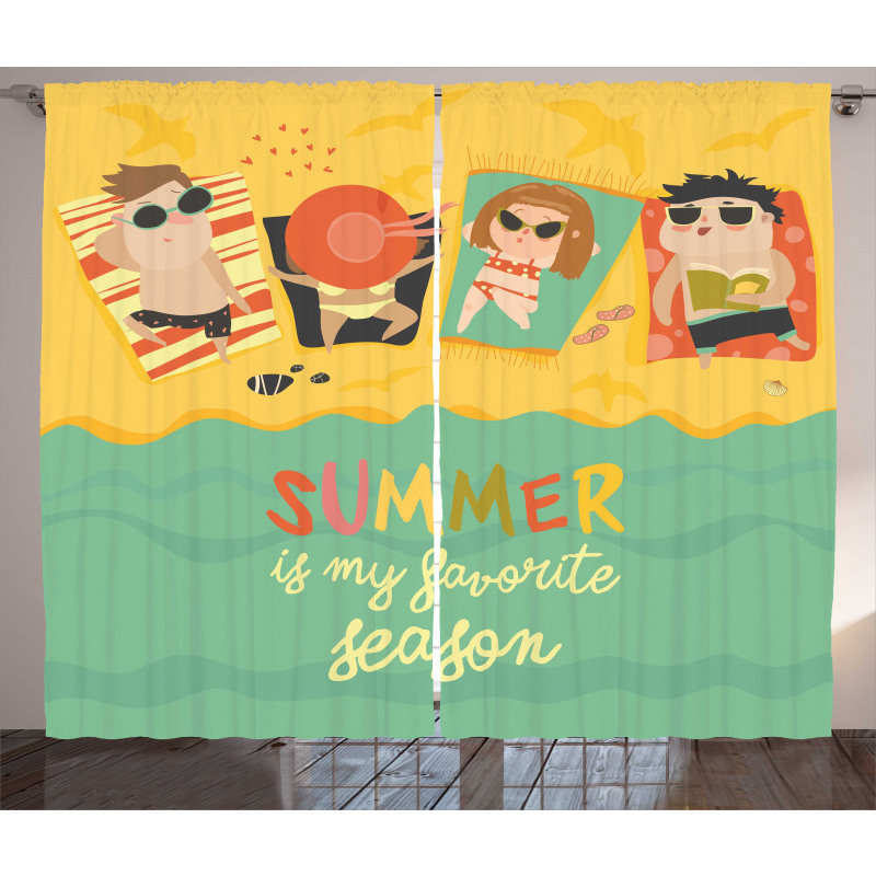 Sunbathing Kids Beach Doodle Curtain