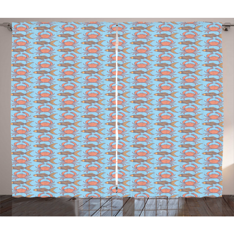 Crab and Fish Pattern Sketch Curtain