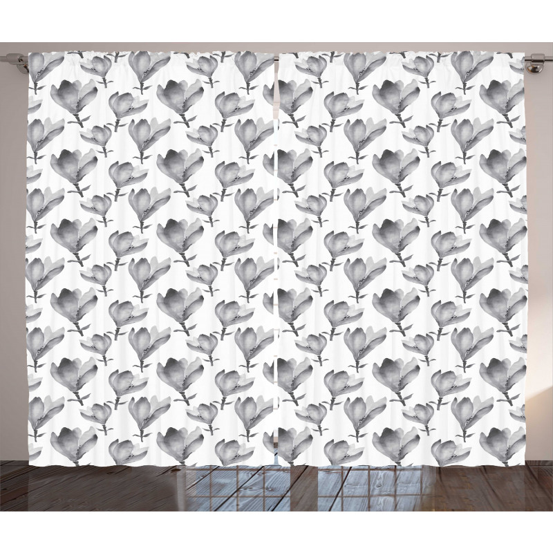 Greyscale Watercolor Flowers Curtain