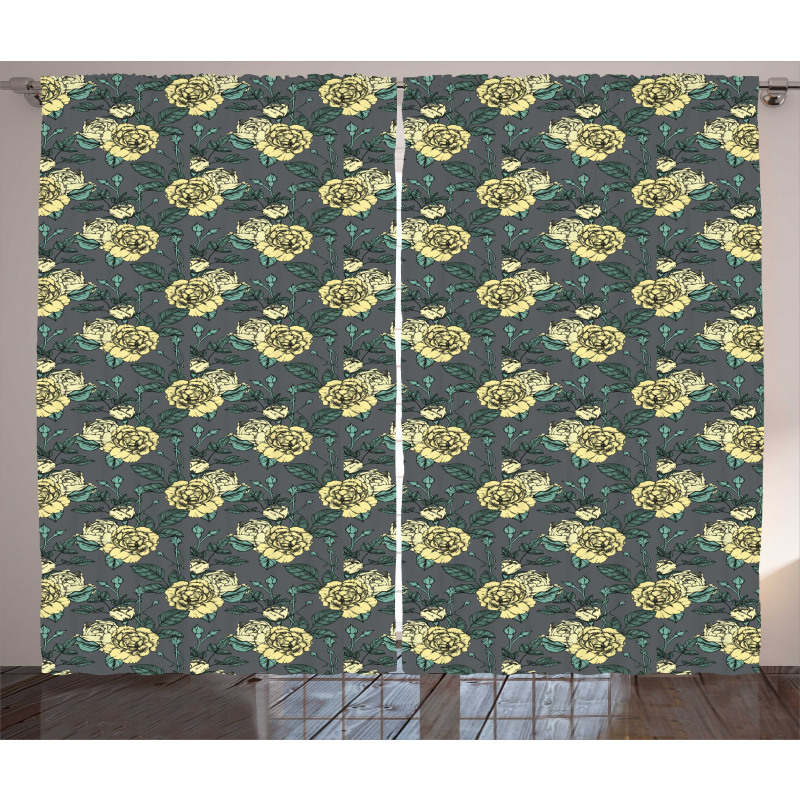 Yellow Tone Roses on Grey Curtain