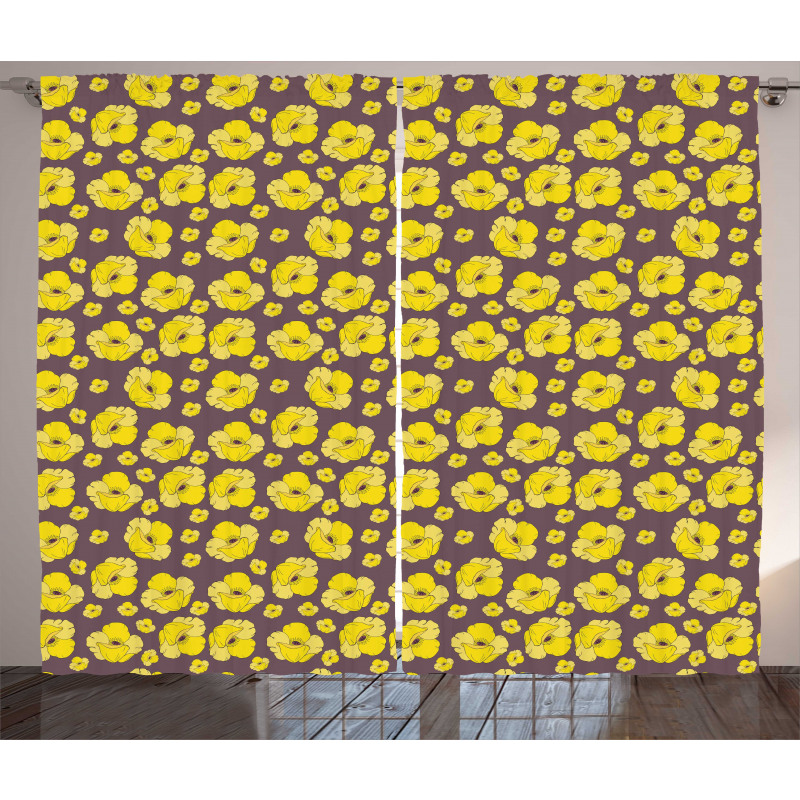 Vintage Yellow Poppy Flowers Curtain