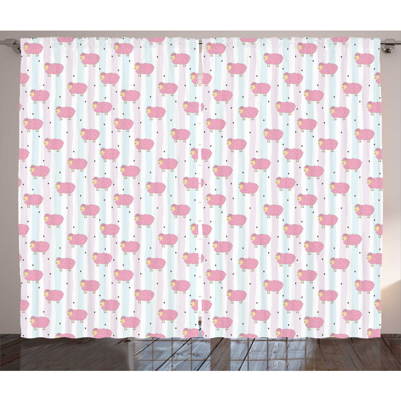 Sheep with Stripes Hearts Curtain