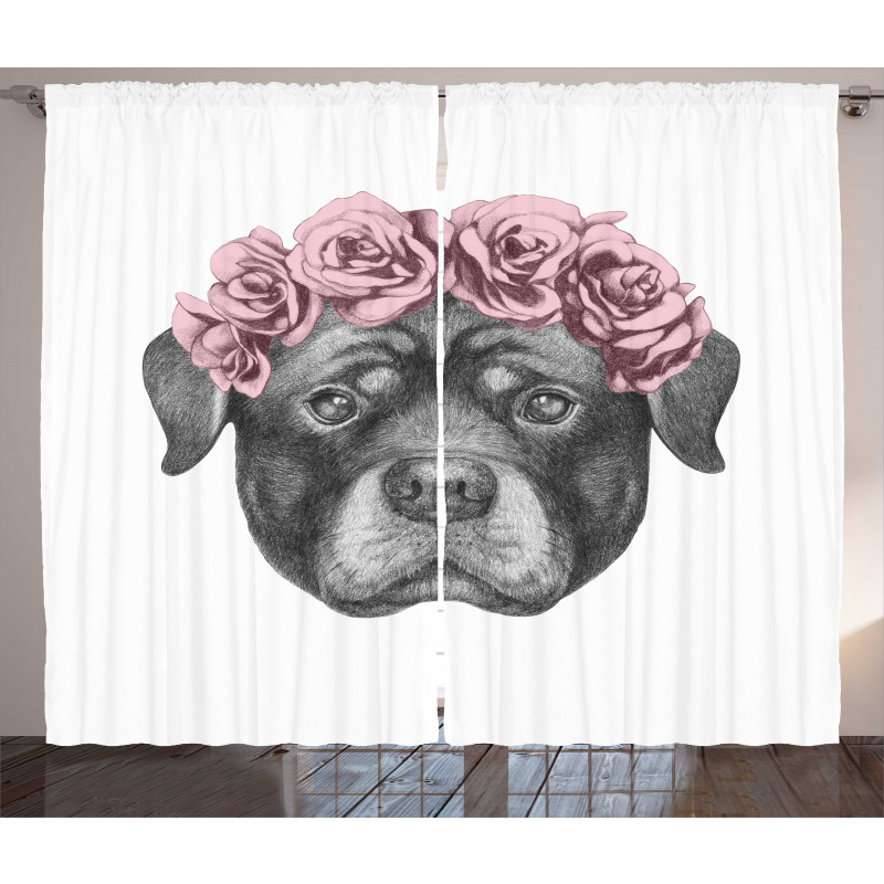 Portrait of Dog in Roses Curtain