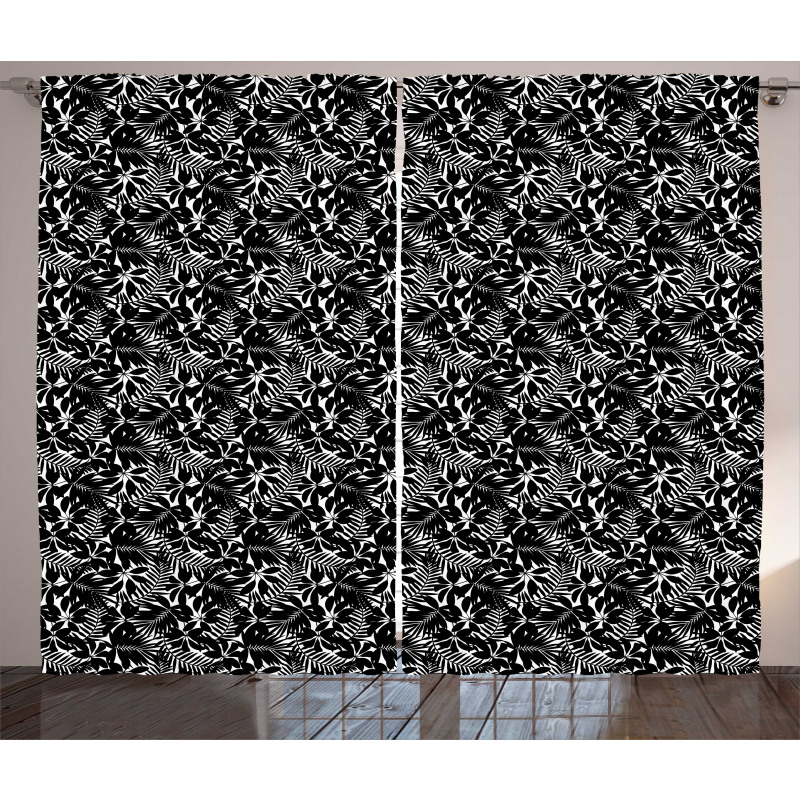 Monochrome Exotic Leaves Art Curtain