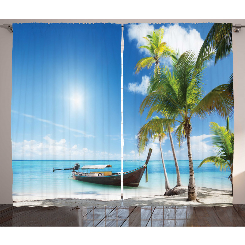 Wooden Boat on Exotic Beach Curtain