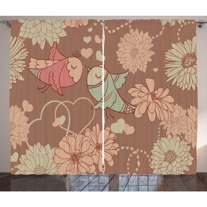 Vintage Birds Flowers Love Curtain