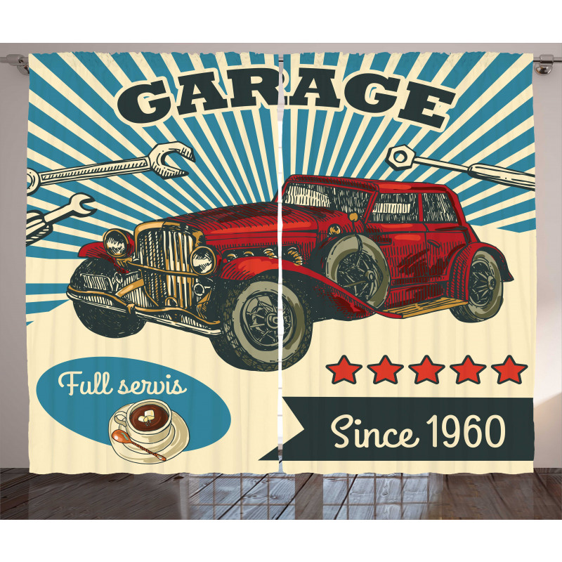 Retro Car Garage Art Curtain