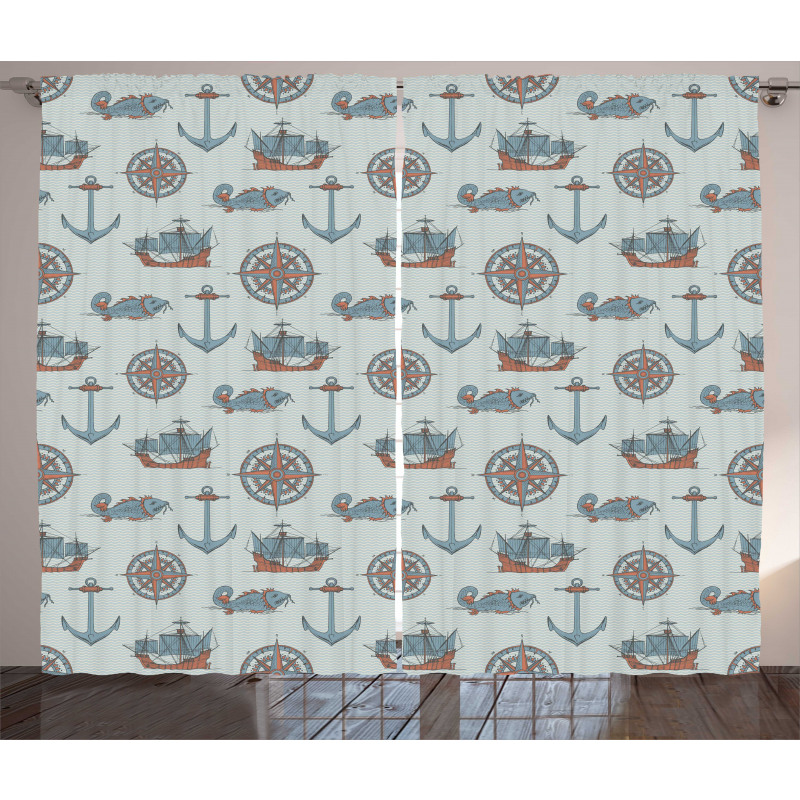 Anchor Windrose Fish Ships Curtain