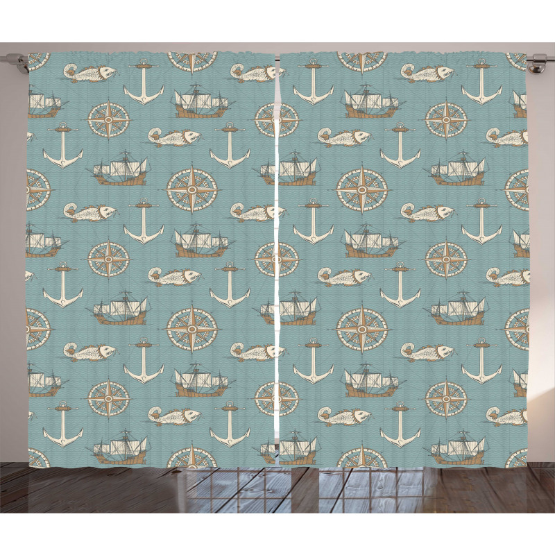 Retro Nautical Elements Art Curtain