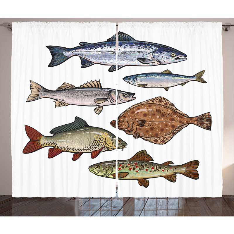 Drawn Various Species of Fish Curtain