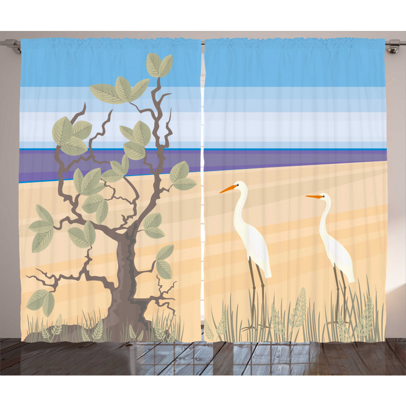 Birds on Beach Coastal Doodle Curtain