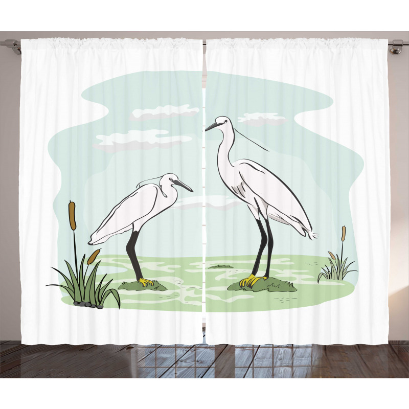 2 Herons in Marsh Cartoon Curtain