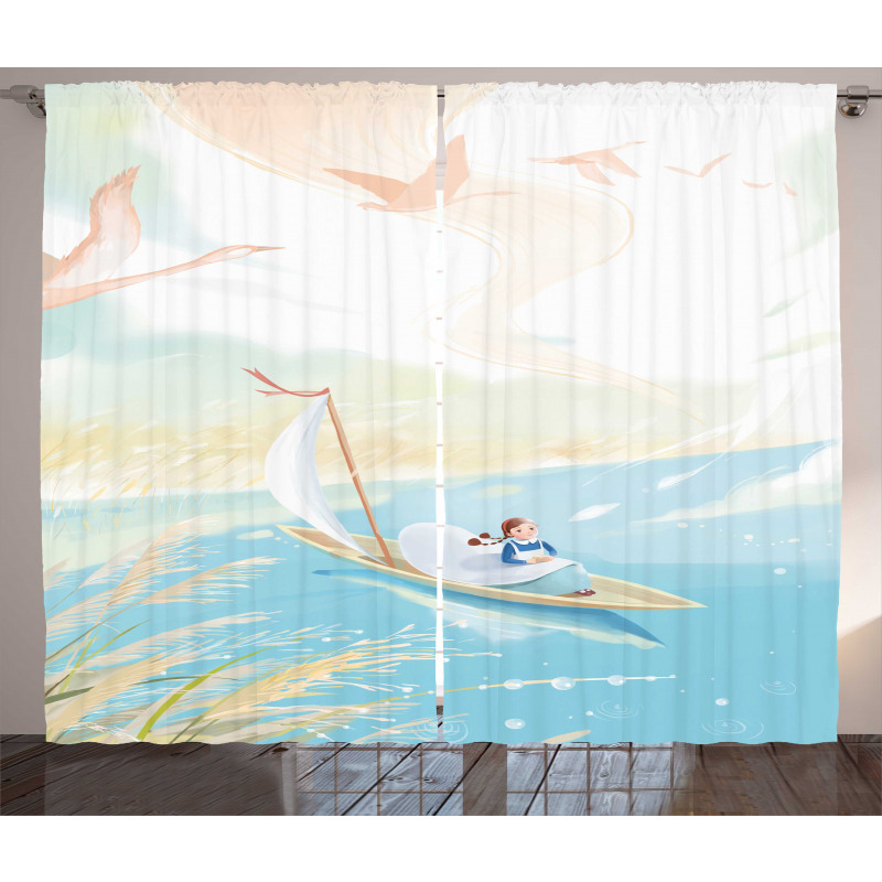 Girl in Boat on Lake Birds Curtain