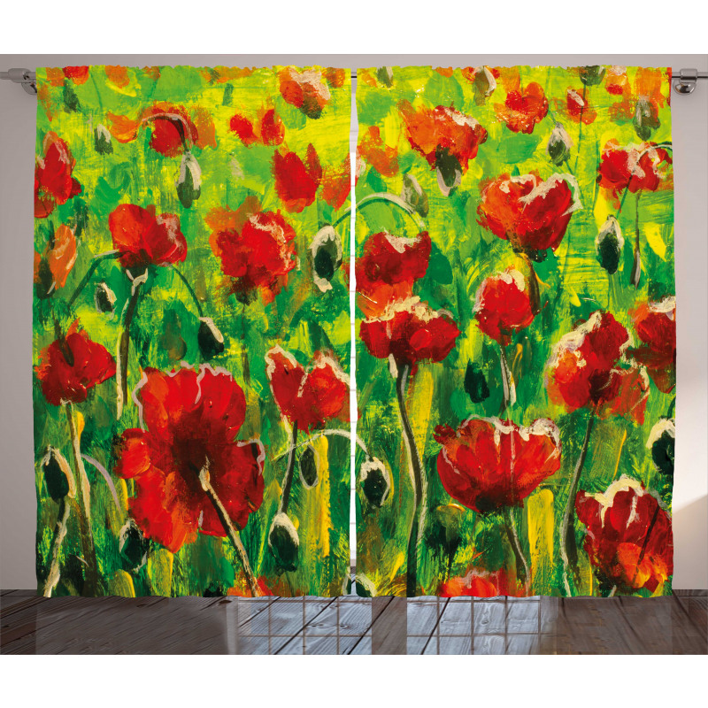 Poppies on Green Grass Curtain