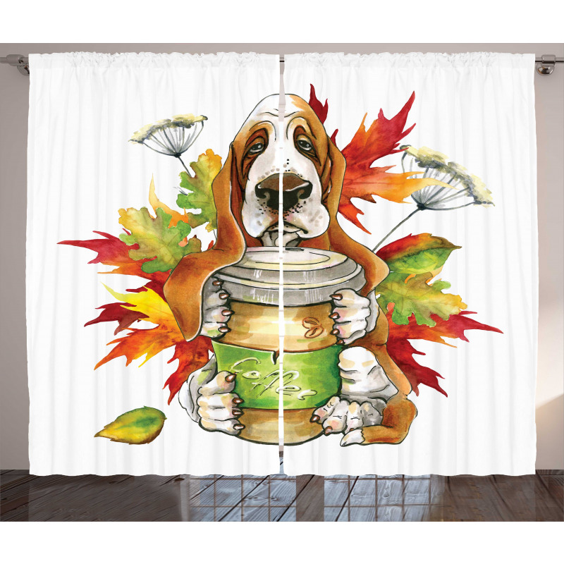 Dog Coffee Autumn Leaf Curtain