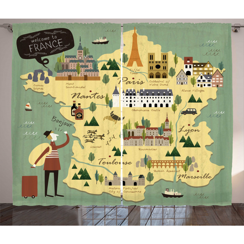 Travel Landmarks Map Doodle Curtain