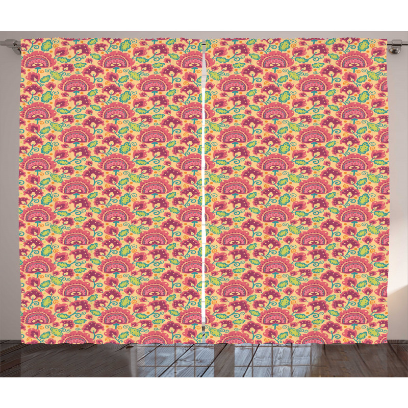 Curlicue Floral Motif Dots Curtain